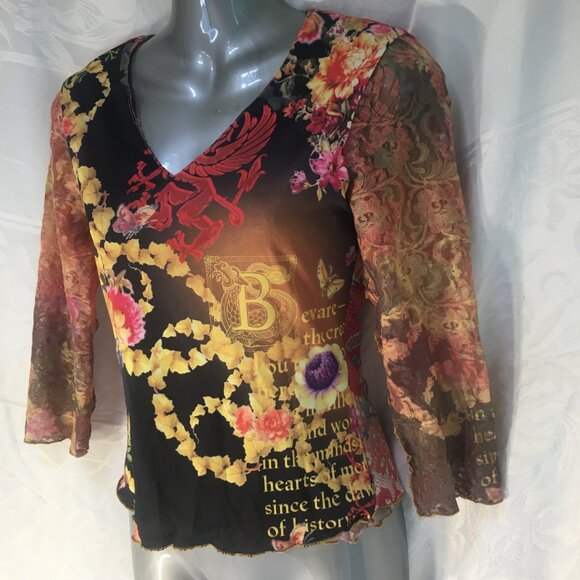 Women's Sz S Shirt Top 90s Lace Crop Reversible Floral Black Bohemian Y2K Fairy - Picture 2 of 16